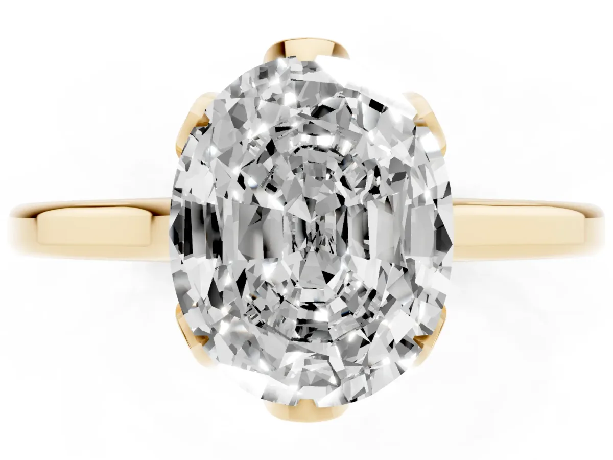 Oval Cut Diamond Solitaire Ring with Flower Prong Setting and Classic Band Yellow gold