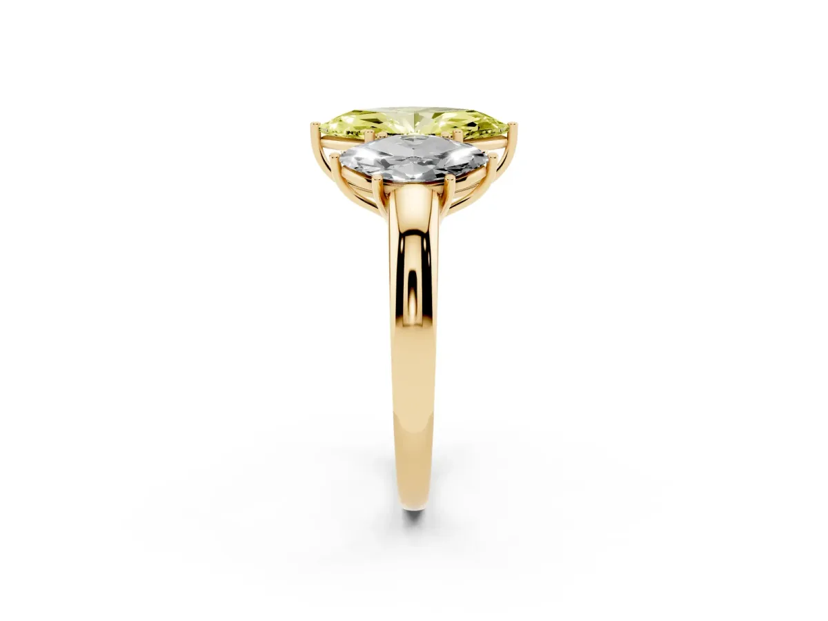 Fancy Yellow Marquise Cut Diamond Three-Stone Ring with Four-Prong Setting and Classic Band Yellow gold