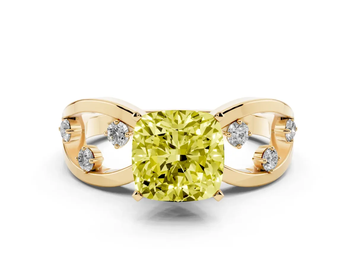 Fancy Yellow Cushion Cut Cut Solitaire Diamond with Side Stones on Criss-Cross Band and Four-Prong Setting Yellow gold