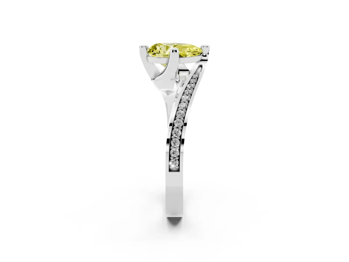 Fancy Yellow Pear Cut Solitaire Diamond Twist Band with Pavé Setting and Four-Prong Setting Silver
