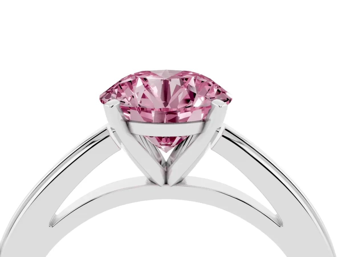 Fancy Pink Round Cut Solitaire Diamond Ring with Four-Prong Setting and Classic Band Platinum