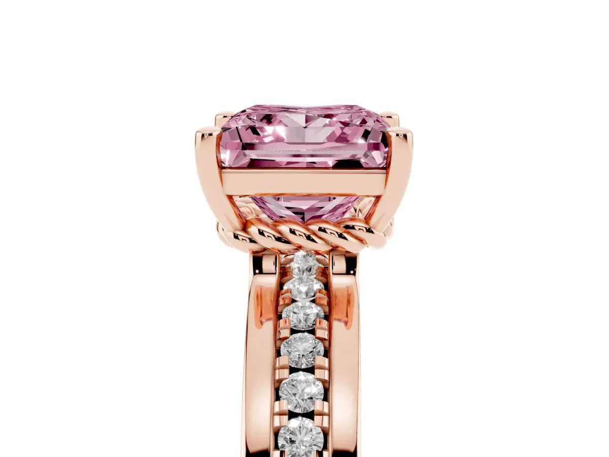 Fancy Pink Princess Cut Solitaire Diamond Ring with Channel Set Band and Six-Prong Setting Rose gold