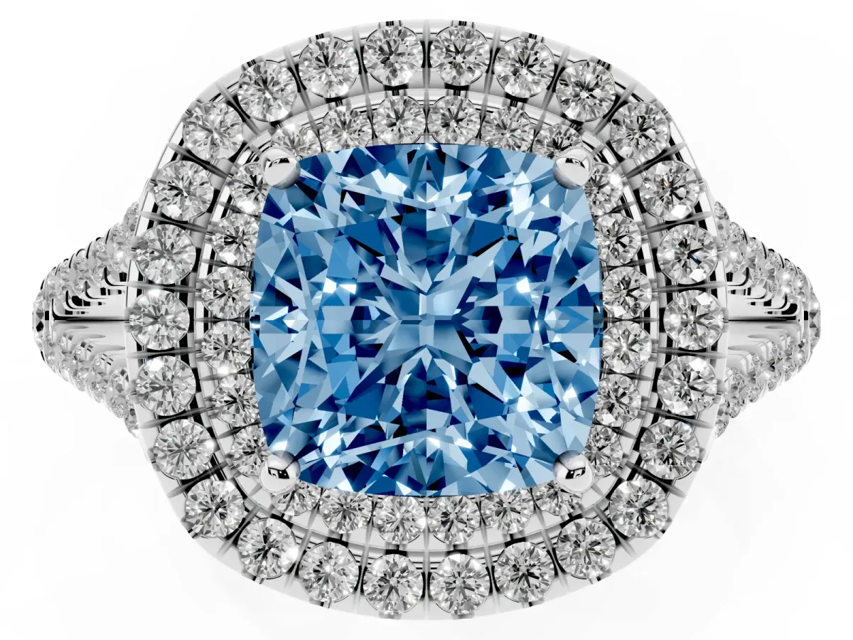 Fancy Blue Cushion Cut Diamond Double Halo Ring with Pavé Band and Prong Setting Silver
