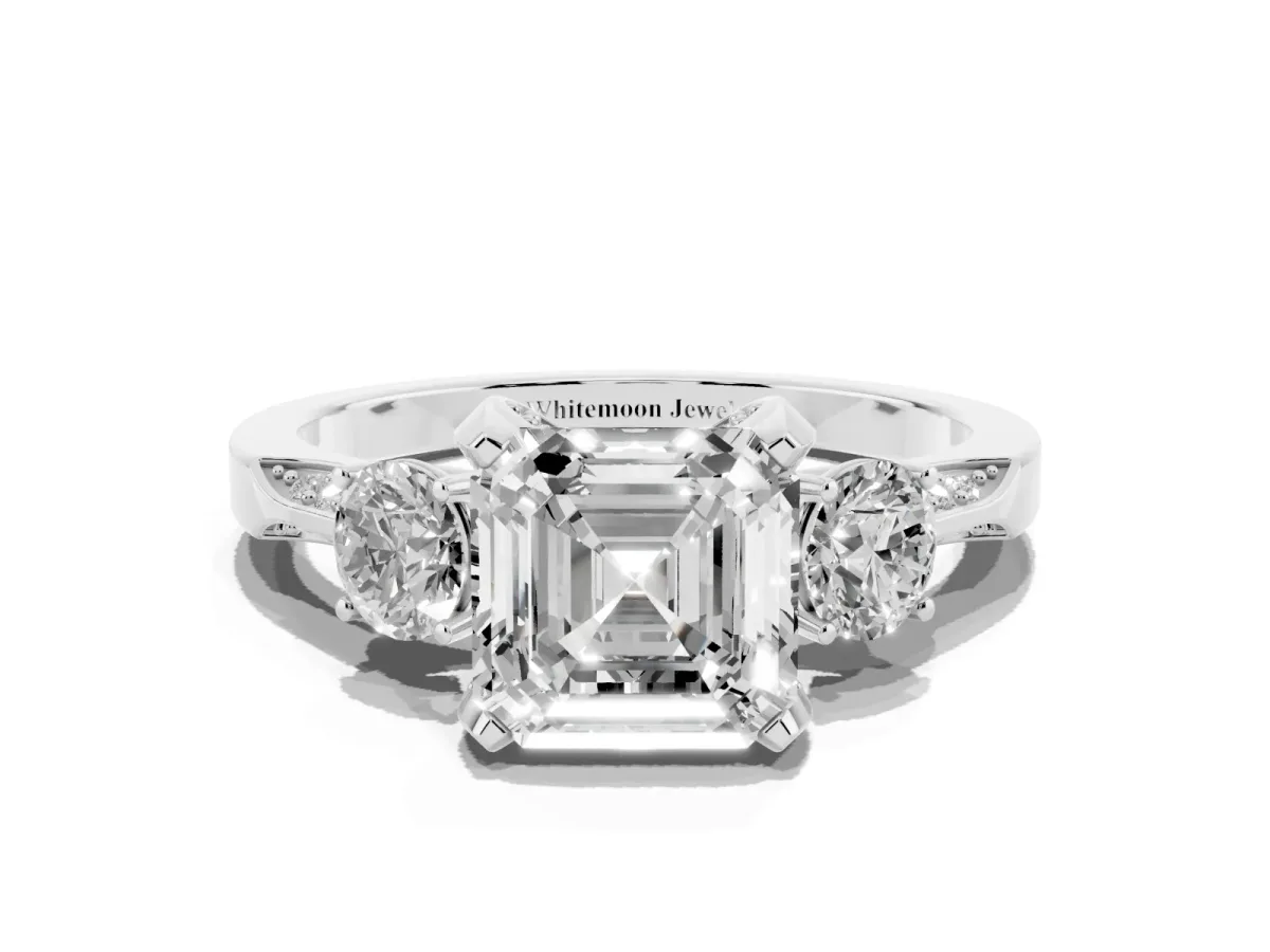 Asscher Cut Brilliant Three-Stone Diamond Ring with Pavé Band and Four-Prong Setting White gold