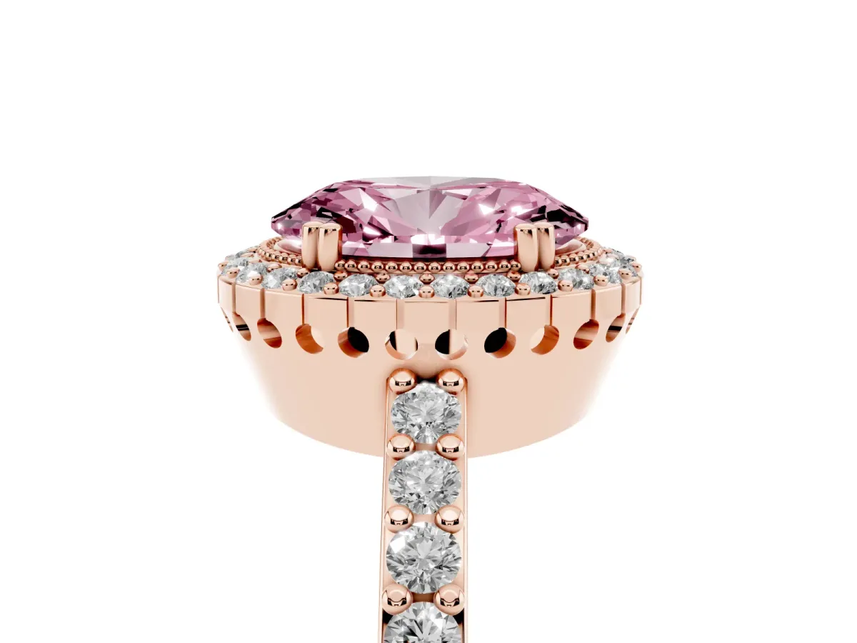 Fancy Pink Oval Cut Cut Diamond Halo Engagement Ring with Milgrain Detail and Pavé Band Rose gold