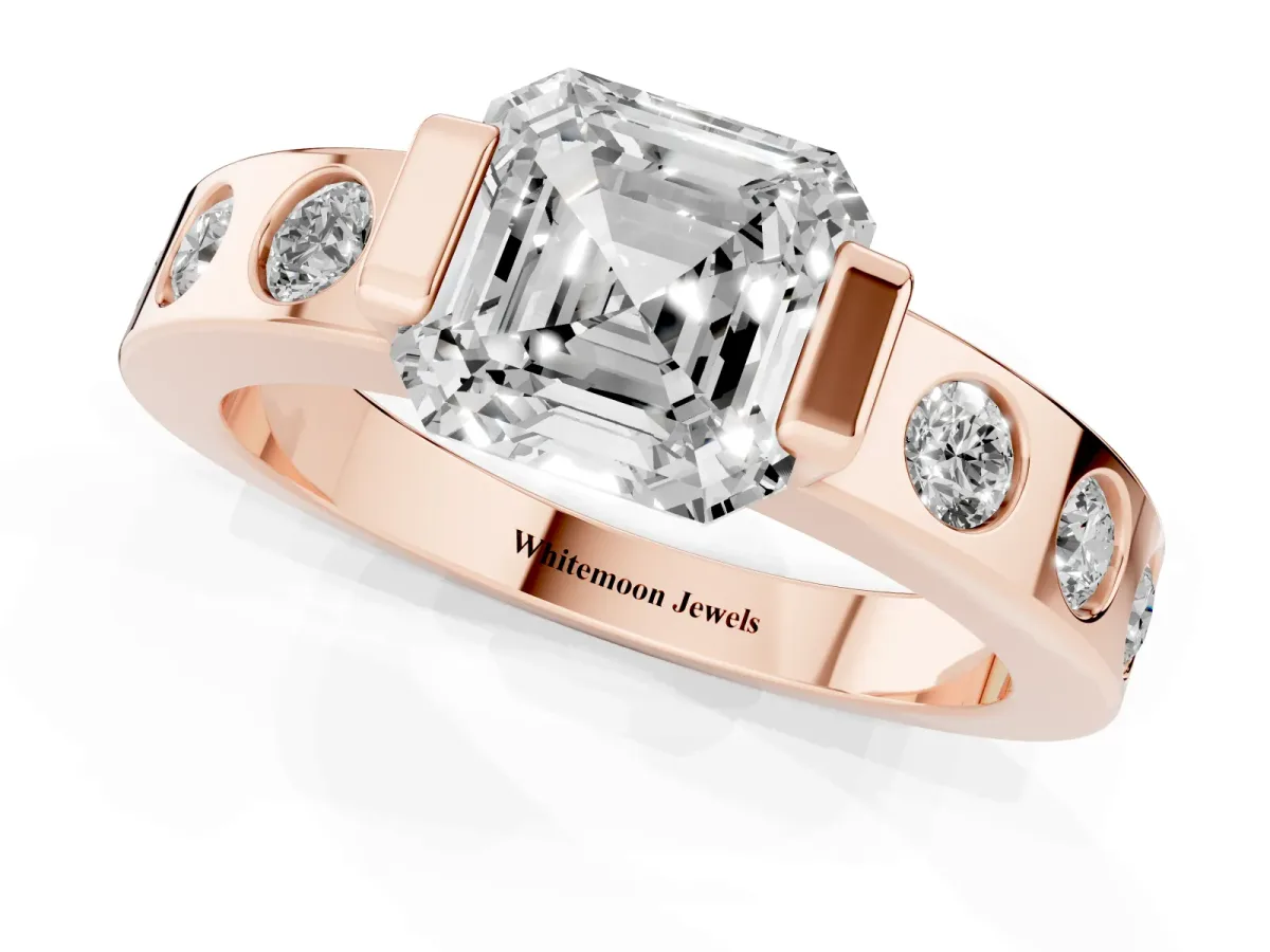 Asscher Cut Brilliant Channel-Set Diamond Ring with Bezel Prong Setting Rose gold
