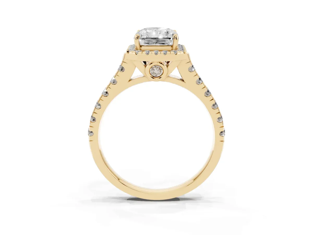 Radiant Cut Halo Pavé Diamond Engagement Ring with Four-Prong Setting Yellow gold