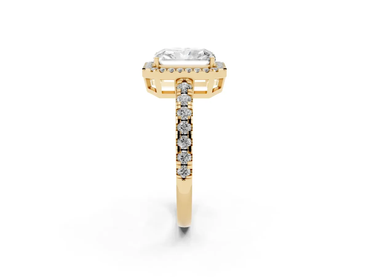 Radiant Cut Diamond Halo Ring with Pavé Band and Four-Prong Setting Yellow gold