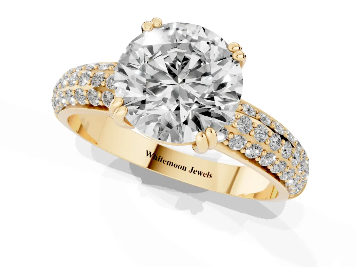 Round Cut Diamond Solitaire Ring with Multi-Row Round Pavé Band and Prong Setting Yellow gold