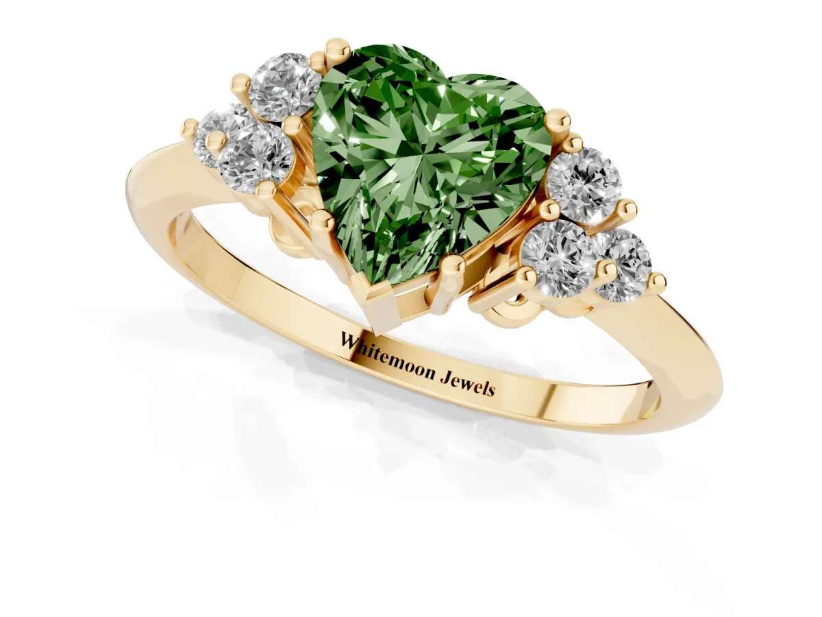 Fancy Green Heart Cut Cut Diamond Cluster Ring with Solitaire Band and Four-Prong Setting Yellow gold