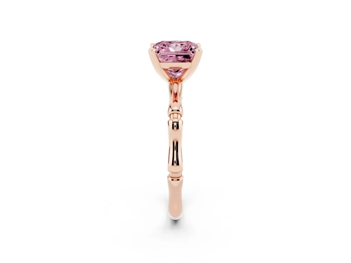 Fancy Pink Princess Cut Solitaire Diamond Ring with Bamboo Band and Four-Prong Setting Rose gold