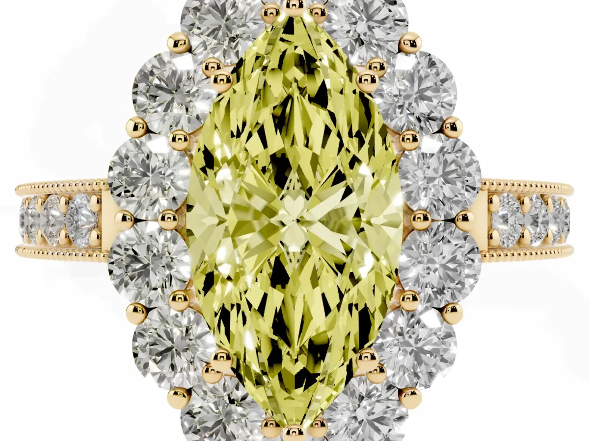 Fancy Yellow Marquise Cut Cut Halo Diamond Pavé Engagement Ring with Milgrain Detailing Yellow gold