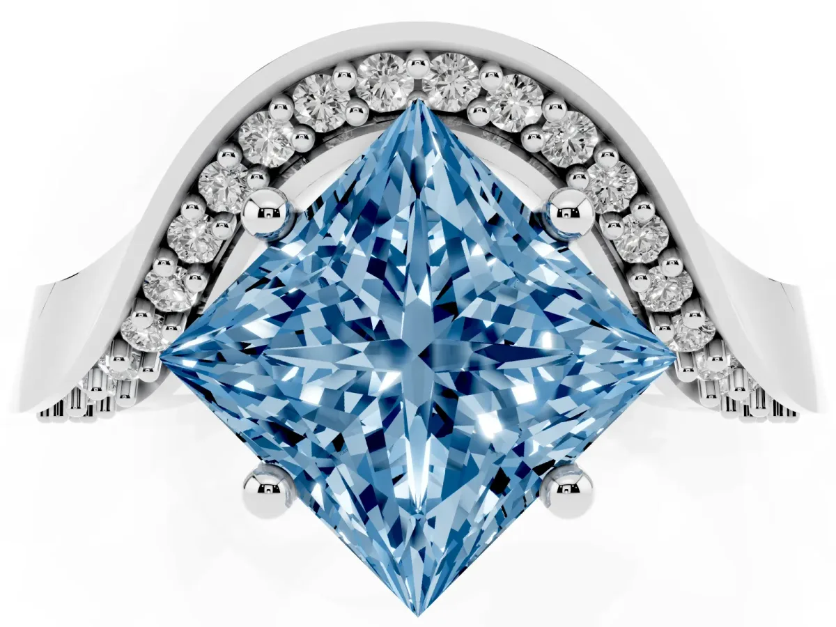 Fancy Blue Princess Cut Solitaire Diamond Engagement Ring with Pave Band and Four-Prong Setting Silver