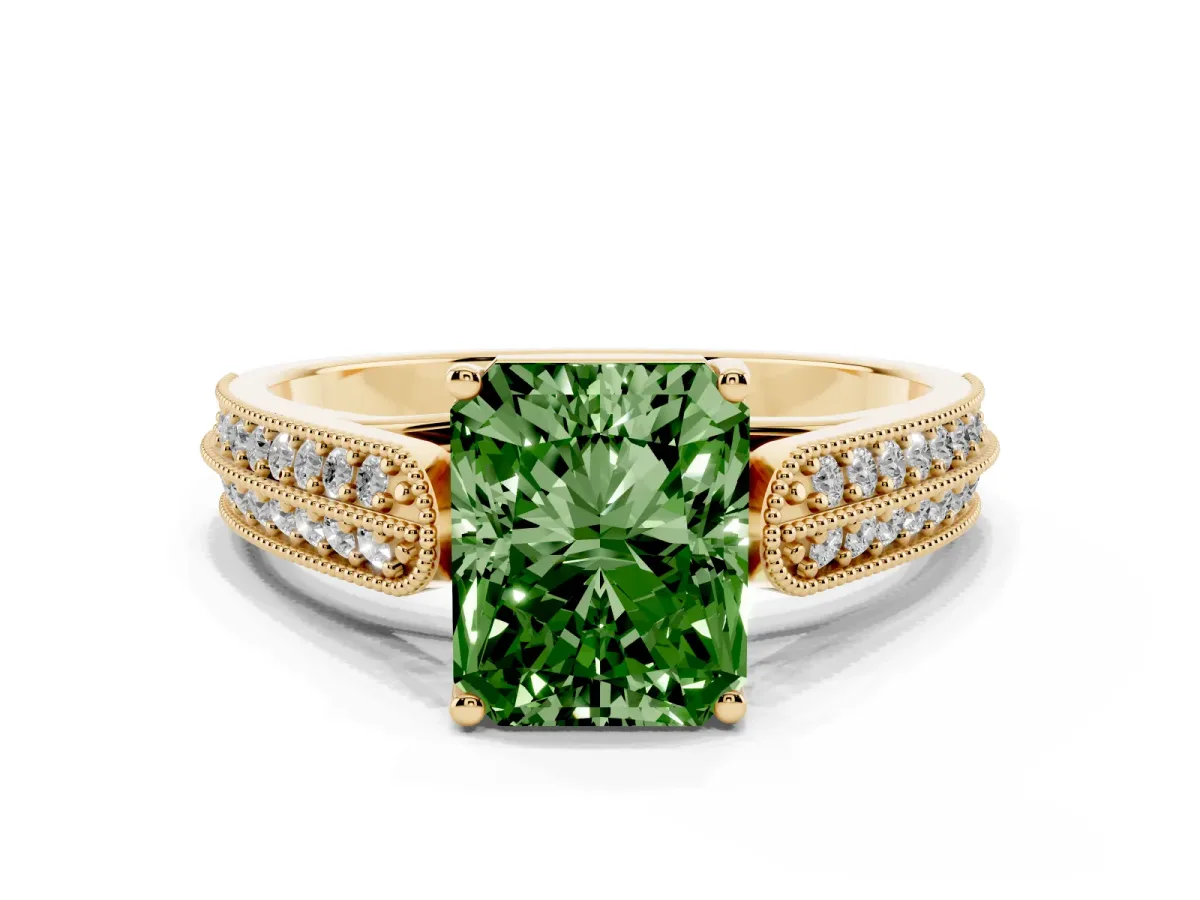 Fancy Green Radiant Cut Cut Pave Split Shank Engagement Ring with Four-Prong Setting Yellow gold