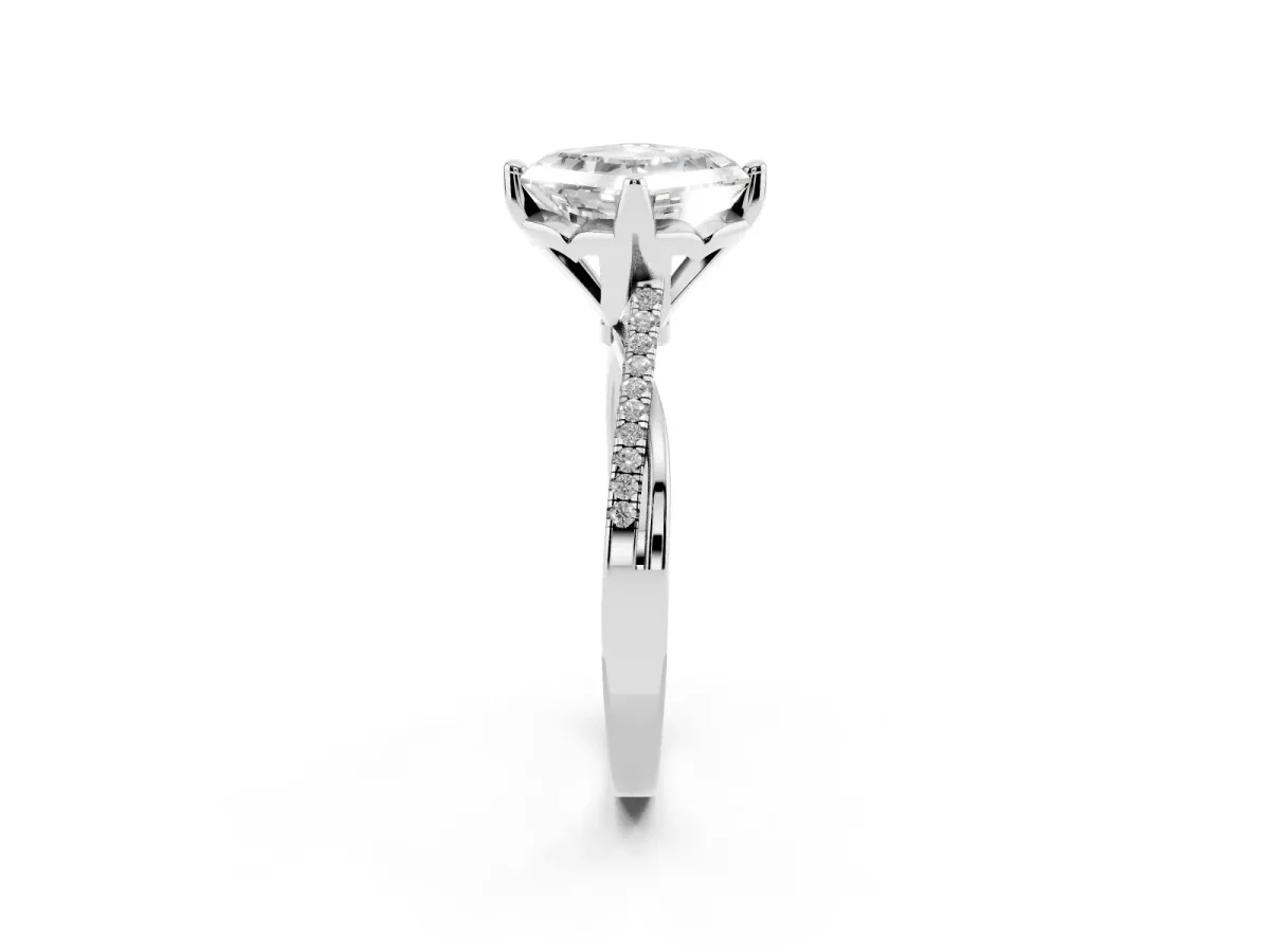 Asscher Cut Solitaire Twist Band with Pavé Diamonds and Four-Prong Setting White gold
