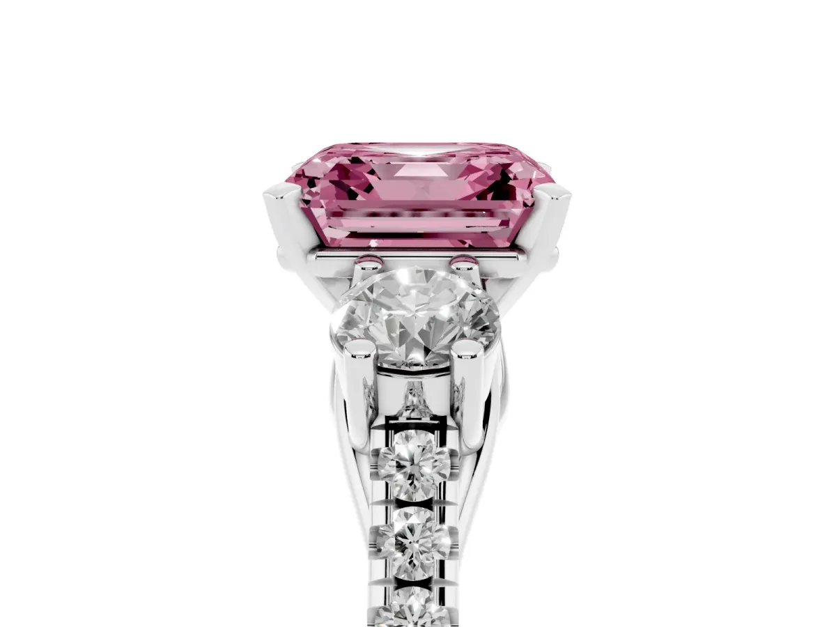 Fancy Pink Three-Stone Asscher Cut Diamond Pavé Band with Four-Prong Setting Platinum