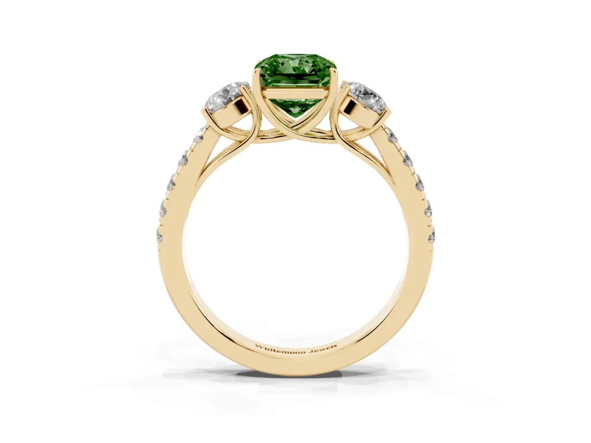 Fancy Green Radiant Cut Cut Diamond Three-Stone Ring with Round Side Stones and Pavé Band Yellow gold