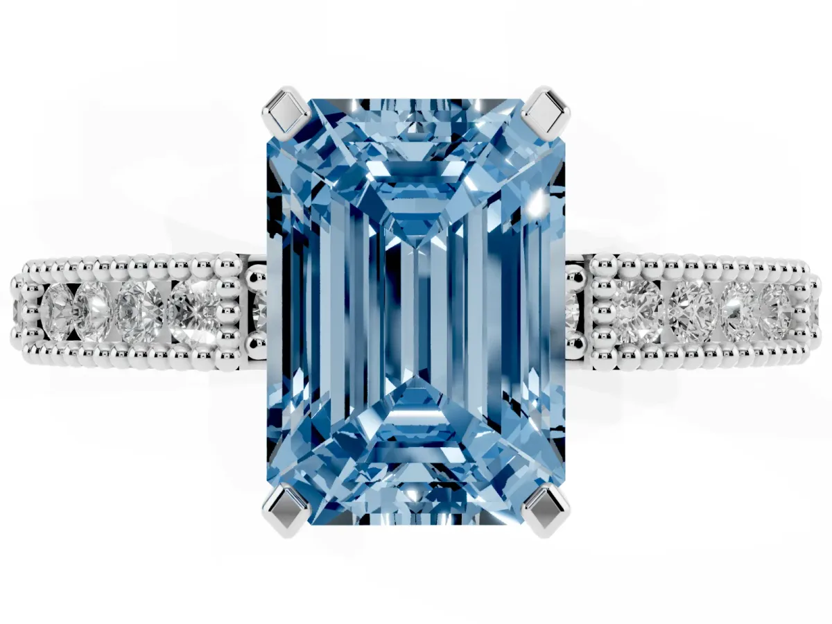 Fancy Blue Emerald Cut Solitaire with Pavé Band and Four-Prong Setting Silver