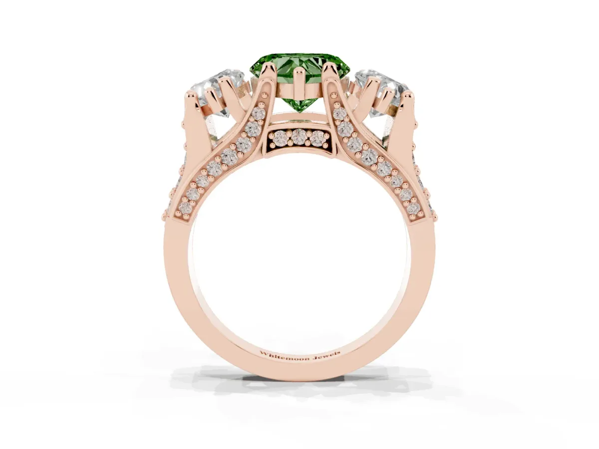 Fancy Green Heart Cut Diamond Three-Stone Ring with Channel Set Band and Four-Prong Setting Rose gold