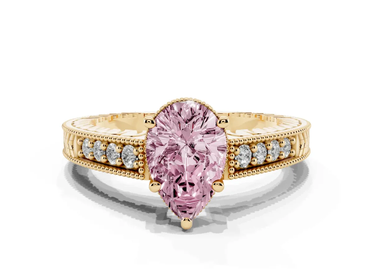 Fancy Pink Pear Cut Solitaire Pavé Diamond Milgrain Engagement Ring with Four-Prong Setting Yellow gold