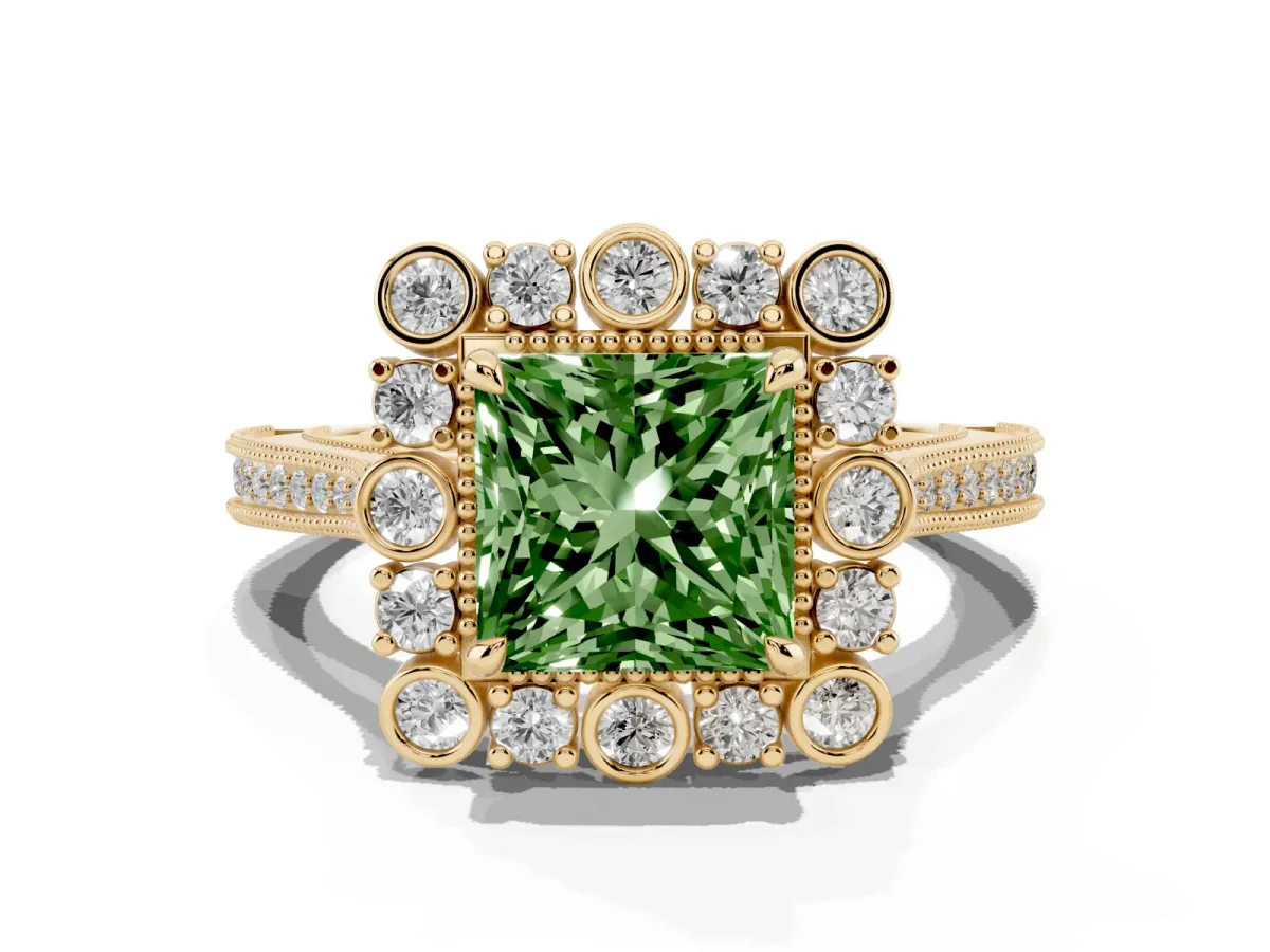 Fancy Green Princess Cut Halo Milgrain Pave Diamond Ring with Four-Prong Setting Yellow gold