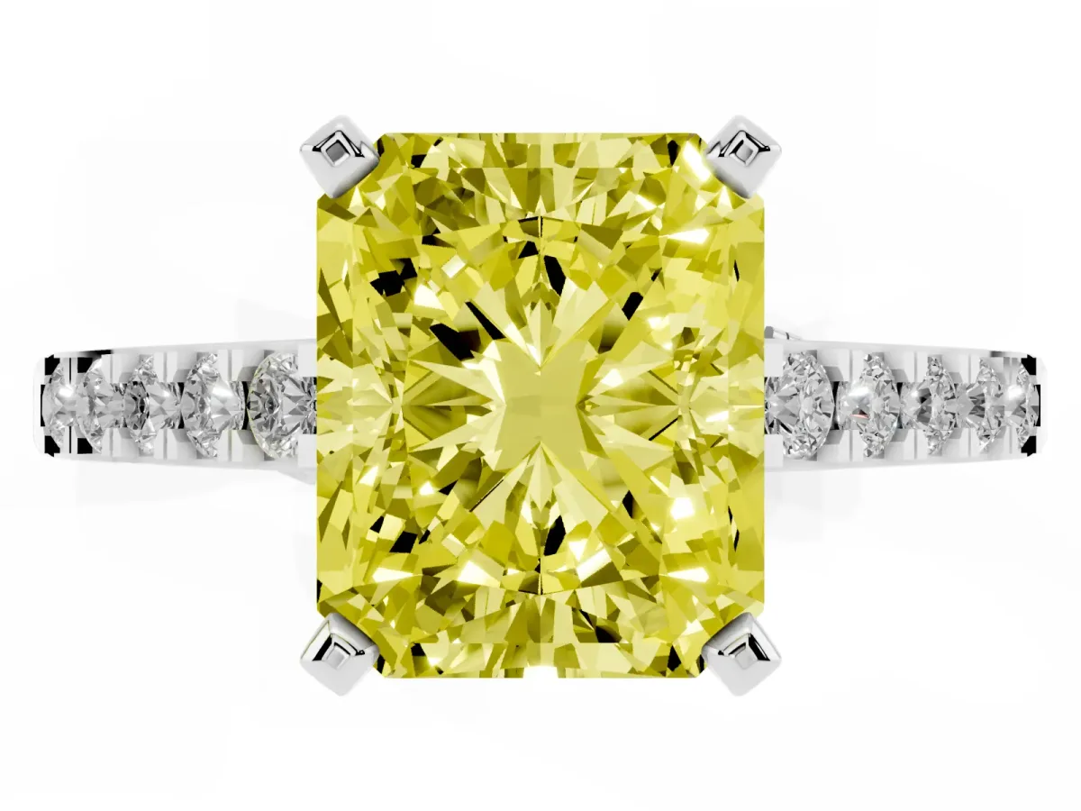 Fancy Yellow Radiant Cut Diamond Solitaire Ring with Crossover Gallery and Round Pavé Band White gold