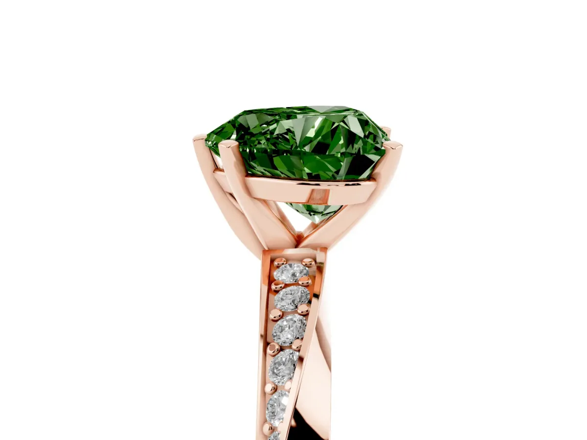 Fancy Green Heart Cut Diamond Engagement Ring with Side Stone Accents and Four-Prong Setting Rose gold