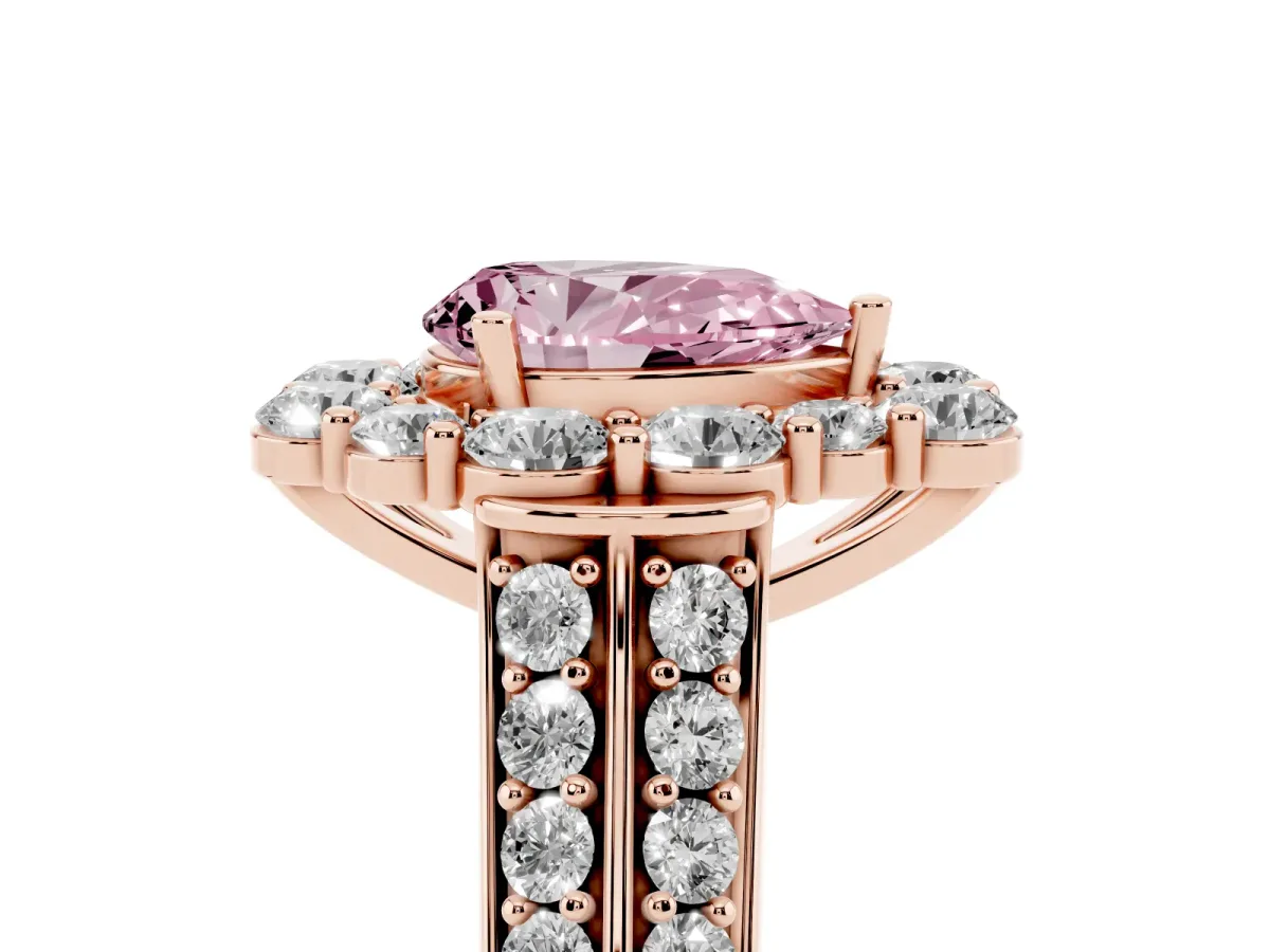 Fancy Pink Pear Cut Halo Diamond Engagement Ring with Split Shank and Prong Setting Rose gold