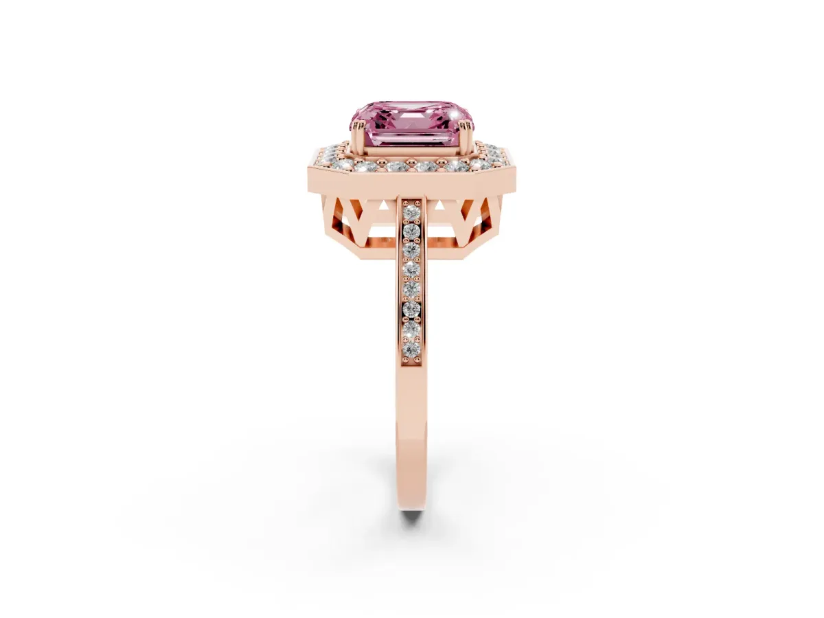 Fancy Pink Asscher Cut Diamond Halo Ring with Split Shank and Four-Prong Setting Rose gold