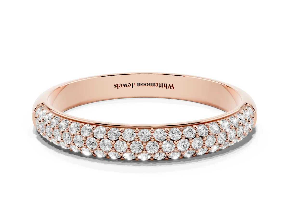 Three-Row Pave Round Diamond Eternity Band with Shared Prong Setting Rose gold