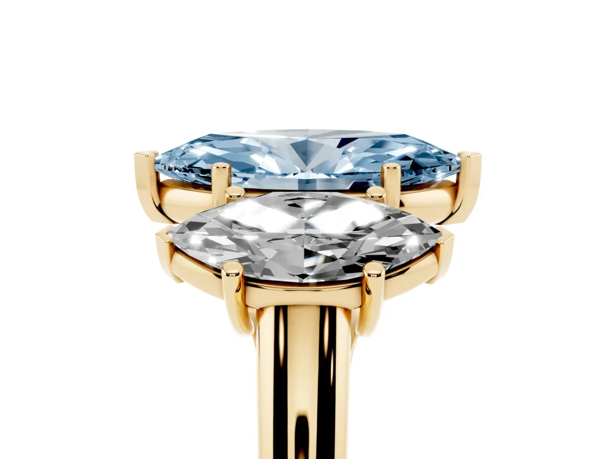 Fancy Blue Three-Stone Marquise Cut Diamond Engagement Ring with Prong Setting Yellow gold
