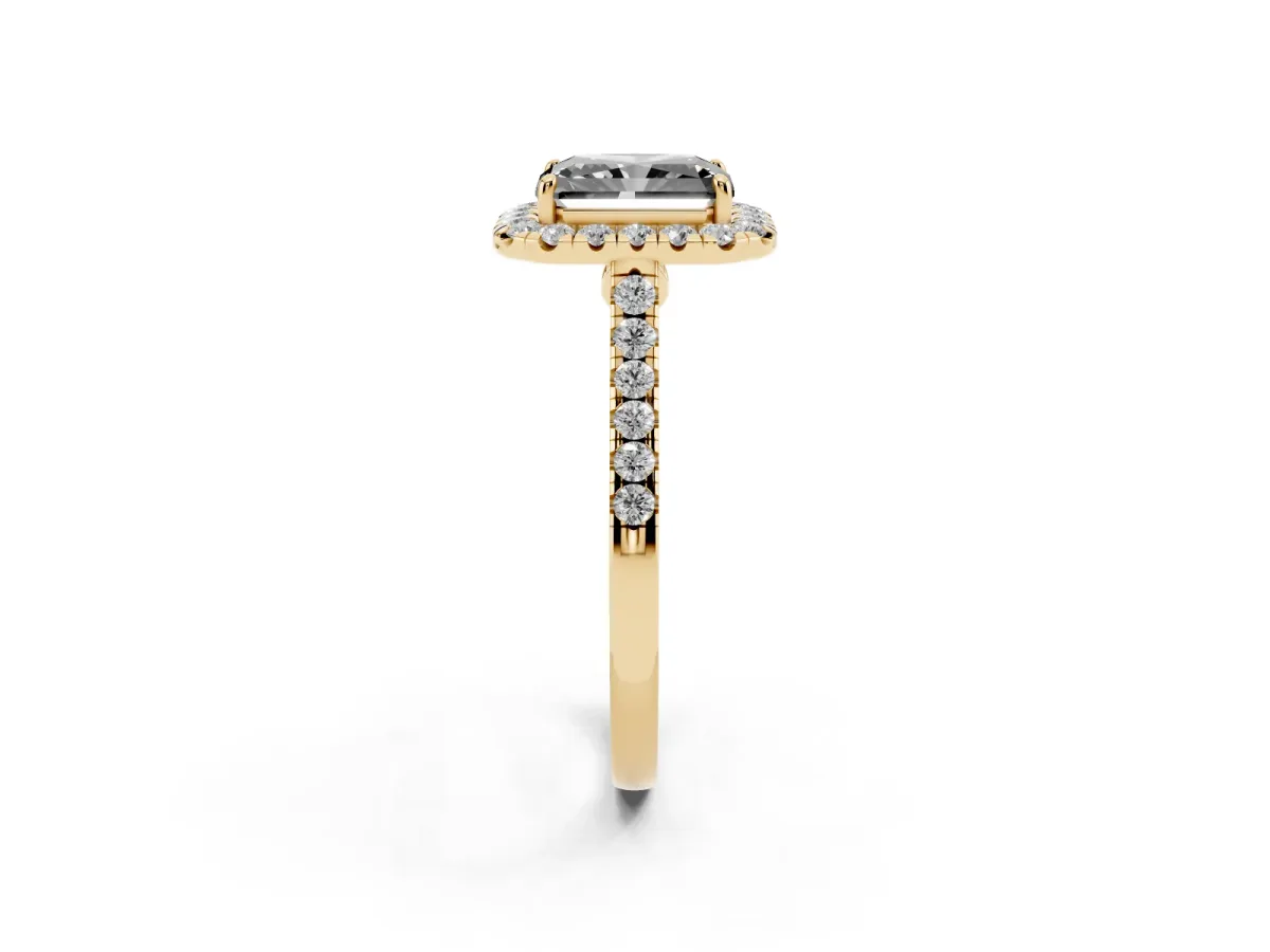 Fancy Black Radiant Cut Halo Pave Diamond Engagement Ring with Four-Prong Setting Yellow gold