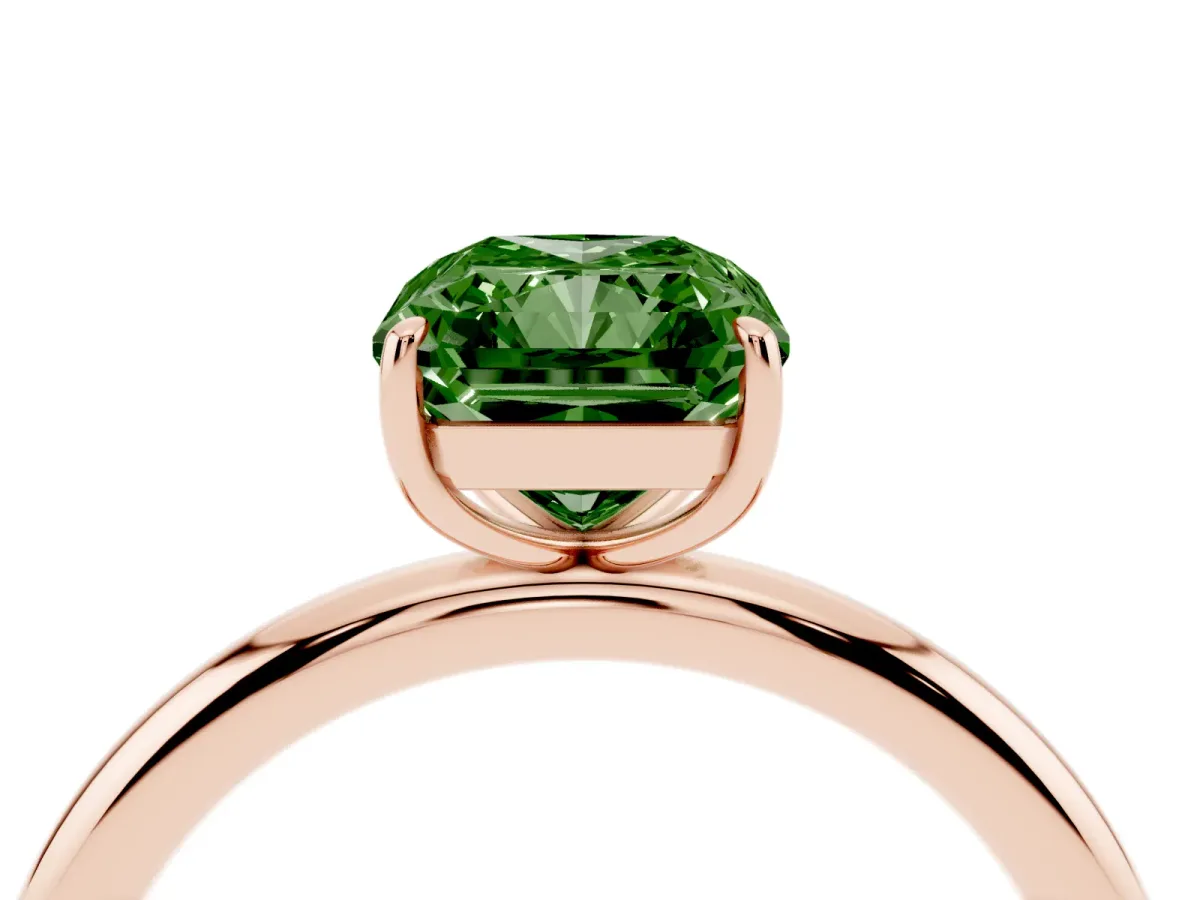 Fancy Green Radiant Cut Solitaire Diamond Ring with Four-Prong Setting on a Plain Band Rose gold