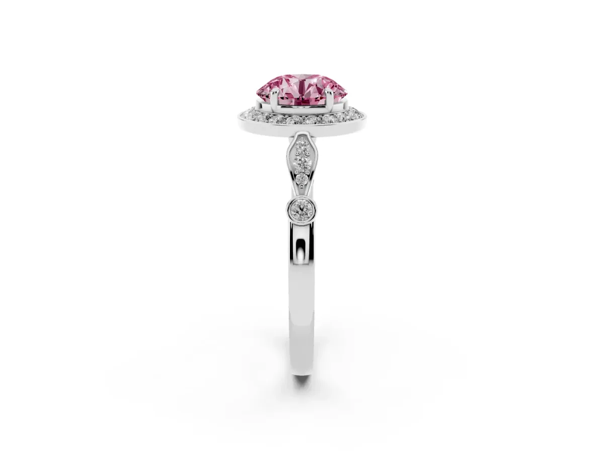 Fancy Pink Round Cut Halo Diamond Engagement Ring with Twisted Band and Four-Prong Setting Platinum