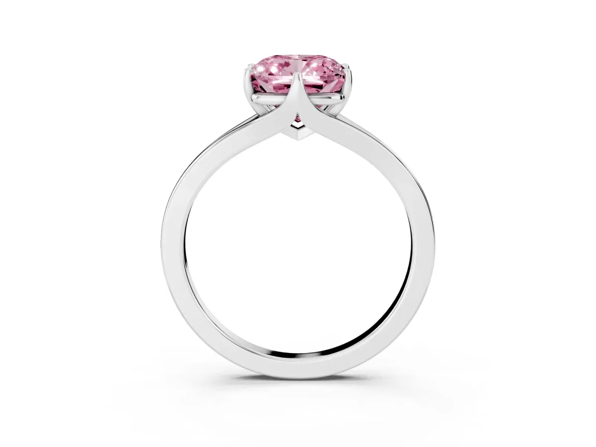 Fancy Pink Cushion Cut Solitaire Diamond Ring with Six-Prong Setting and Tapered Band Platinum