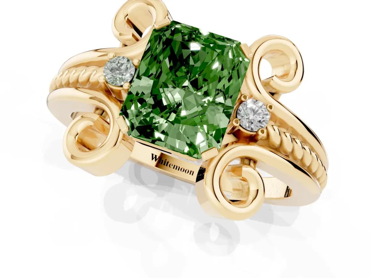 Fancy Green Radiant Cut Solitaire Twisted Band Scroll Prong Ring Yellow gold