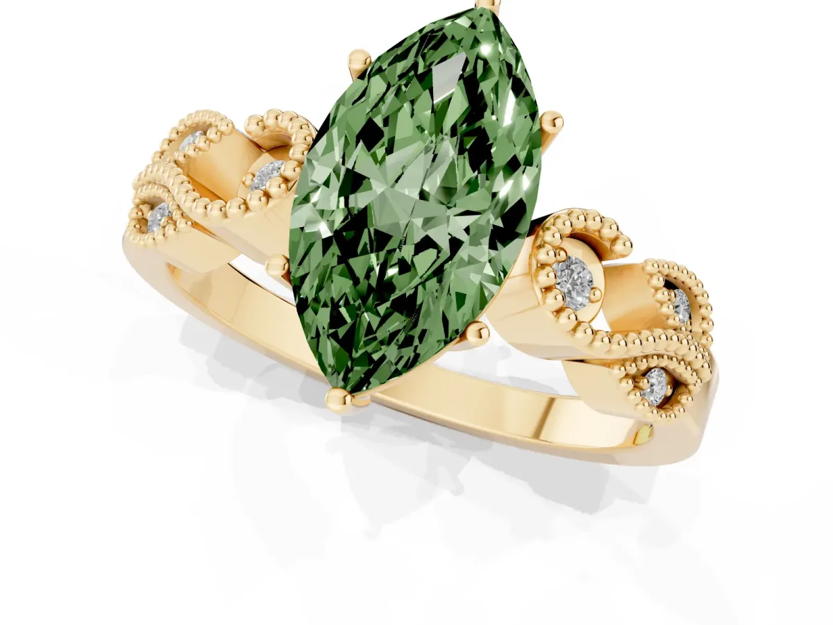 Fancy Green Marquise Cut Solitaire Milgrain Leaf Band with Prong Setting Yellow gold