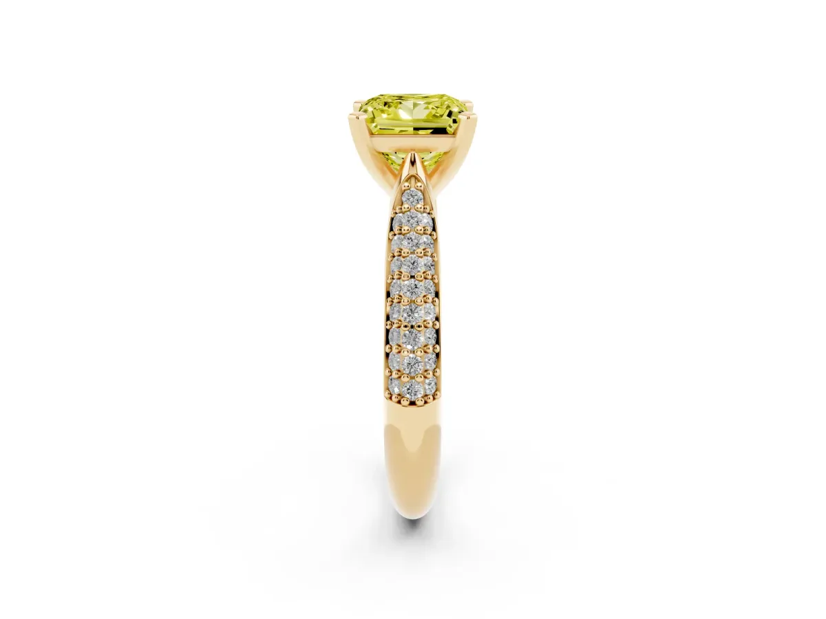 Fancy Yellow Princess Cut Diamond Solitaire Engagement Ring with Multi-Row Round Pavé Band and Prong Setting Yellow gold