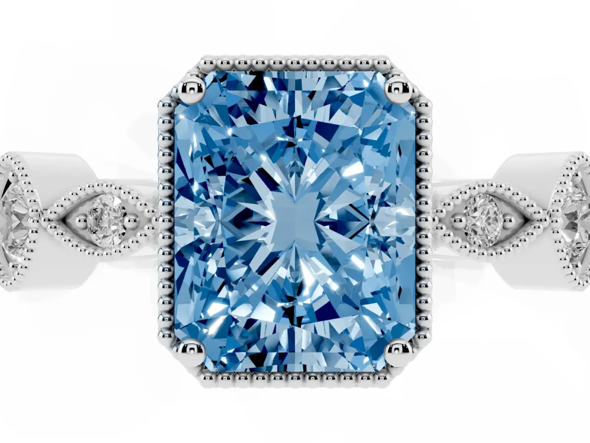 Fancy Blue Radiant Cut Diamond Vintage Milgrain Ring with Round Stations Platinum