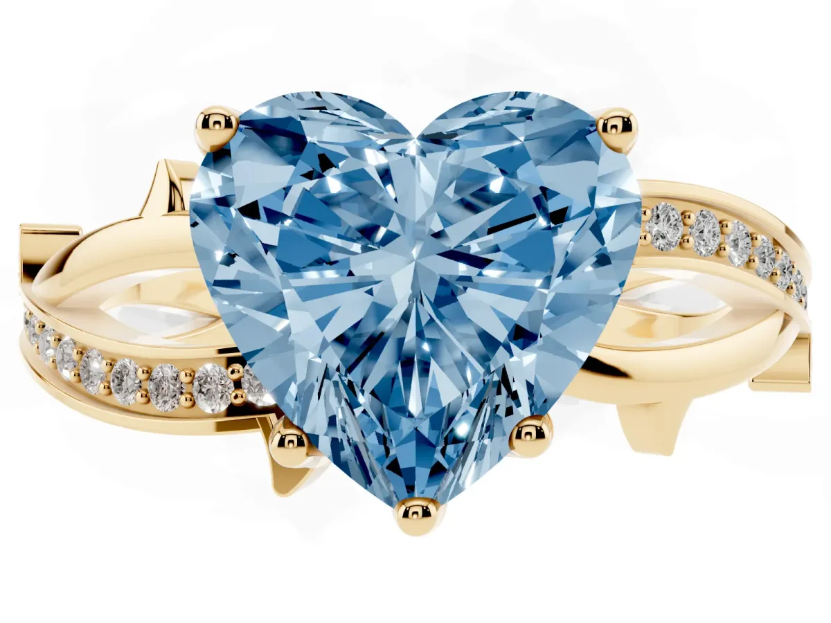 Fancy Blue Heart Cut Solitaire Twist Band with Pavé Accents and Four-Prong Setting Yellow gold
