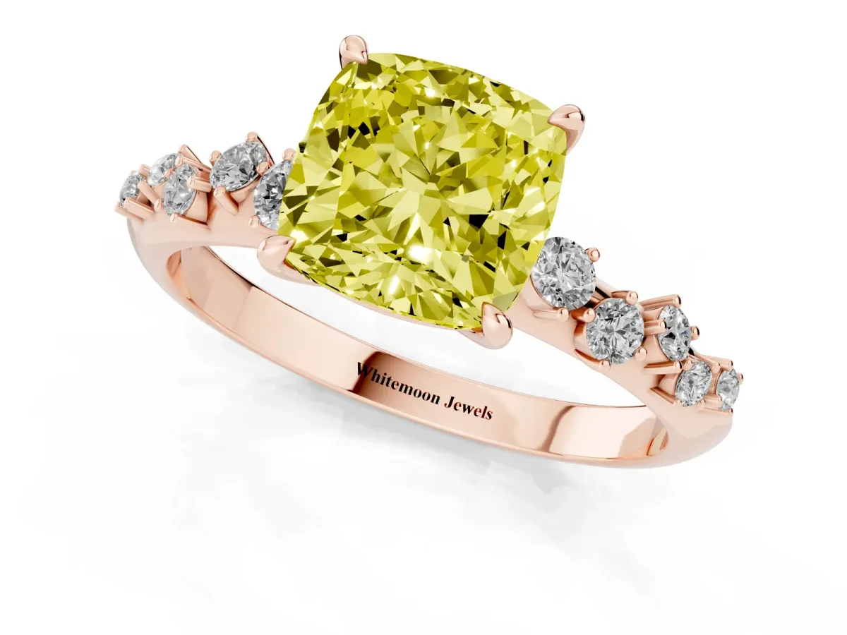 Fancy Yellow Cushion Cut Diamond Cluster Side Stone Solitaire Ring with Prong Setting Rose gold