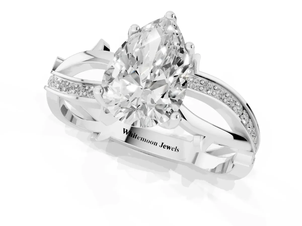 Pear Cut Solitaire Twist Band with Pavé Accents and Four-Prong Setting Platinum