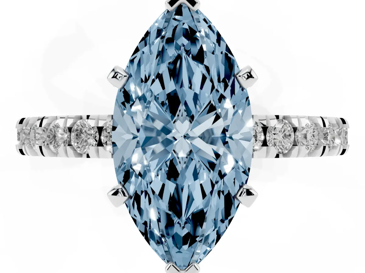Fancy Blue Marquise Cut Diamond Pavé Band Solitaire with Four-Prong Setting Silver