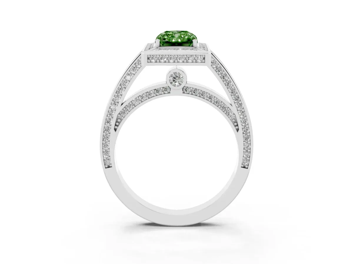 Fancy Green Radiant Cut Cut Halo Pave Split Shank Prong Setting Ring Silver