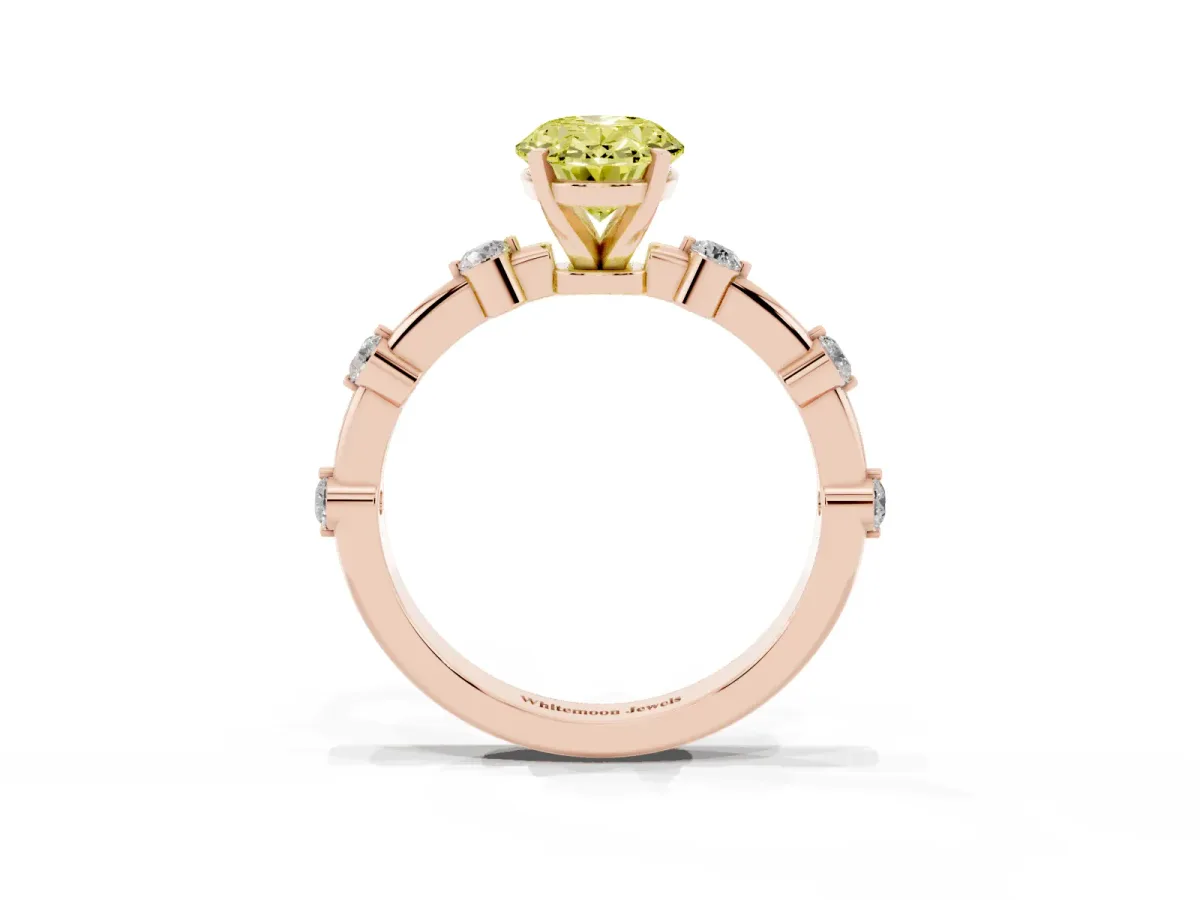 Fancy Yellow Oval Cut Solitaire Diamond Ring with Bezel Set Side Stones and Prong Setting Rose gold