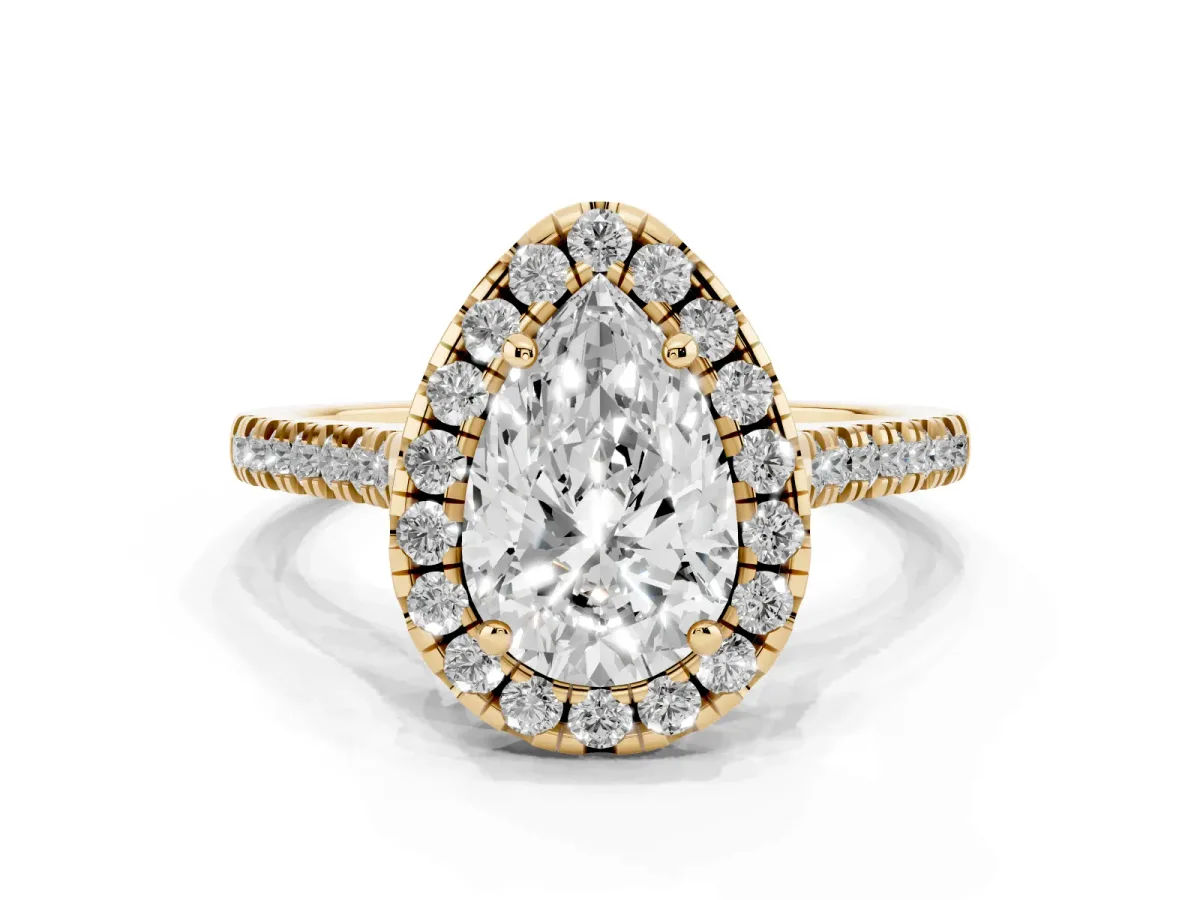 Pear Cut Diamond Cushion Halo Ring with Pavé Band Yellow gold