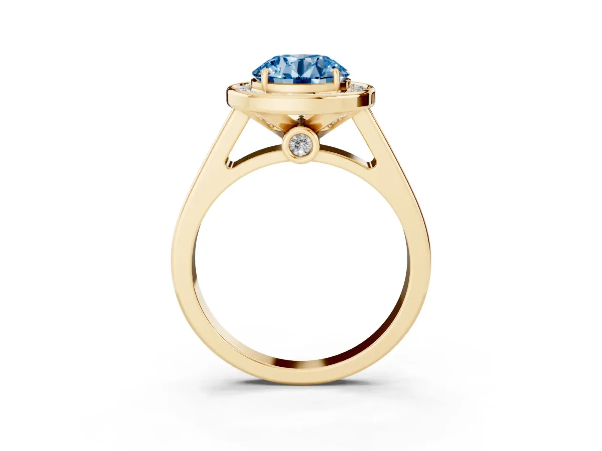 Fancy Blue Round Cut Halo Solitaire Diamond Ring with Pave Band and Bezel Setting Yellow gold