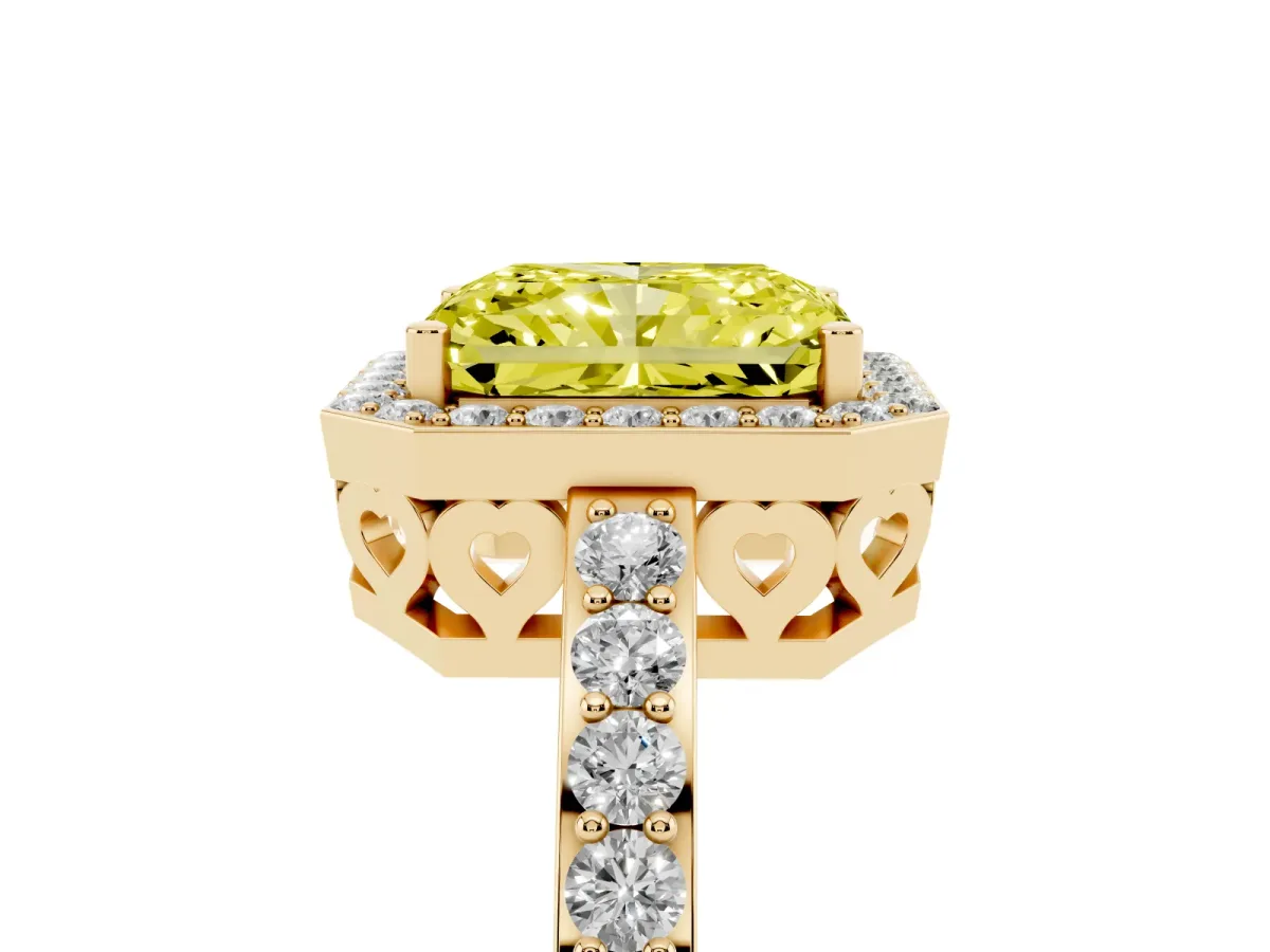 Fancy Yellow Radiant Cut Halo Diamond Pavé Band Ring with Prong Setting Yellow gold