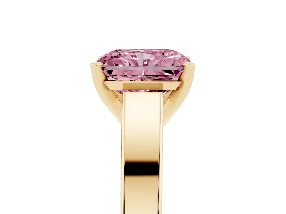 Fancy Pink Radiant Cut Solitaire Engagement Ring with Four-Prong Setting and Tapered Band Yellow gold