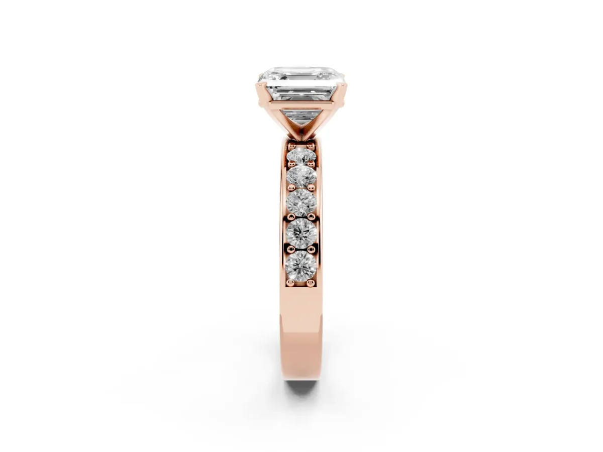 Asscher Cut Diamond Engagement Ring with Channel Set Round Band and Prong Setting Rose gold